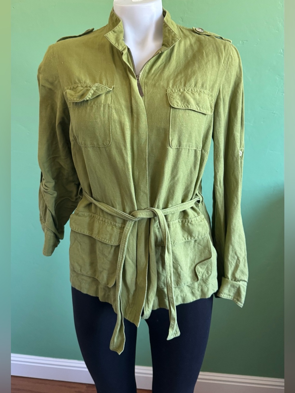 Bandolino olive green linen & rayon jacket utility safari jacket blazer sz 6